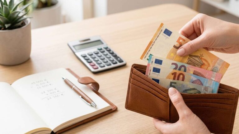 Manos de mujer guardando billetes en la cartera.